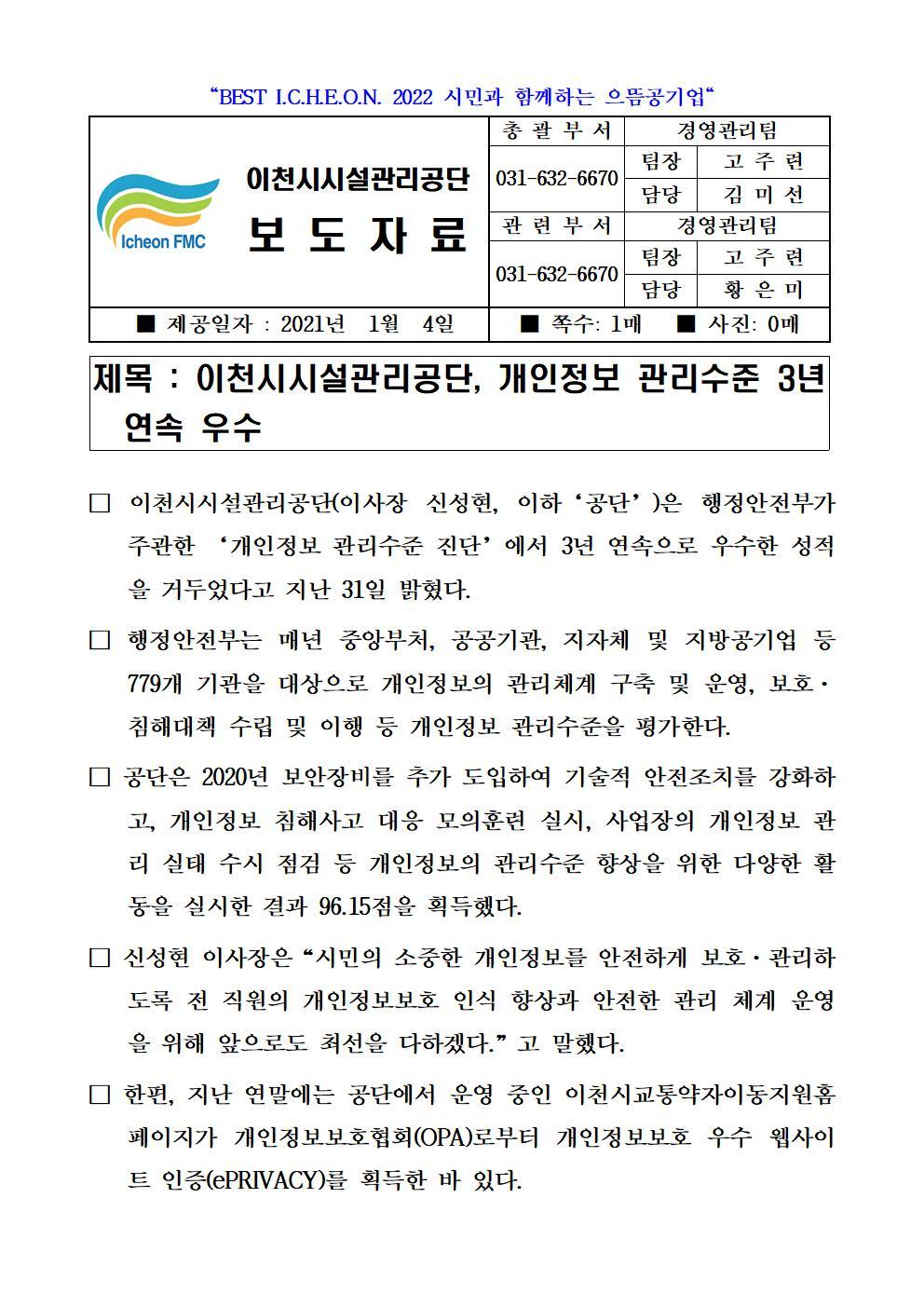 보도자료 (공단, 개인정보 관리수준 3년 연속 우수)001.jpg 이미지