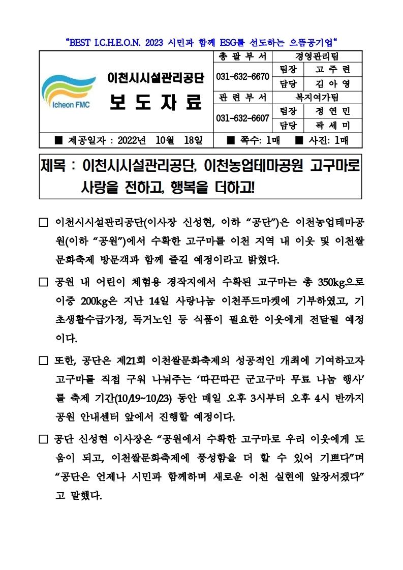 20221018 보도자료(공단, 이천농업테마공원 고구마로 사랑을 전하고, 행복을 더하고!).jpg 이미지