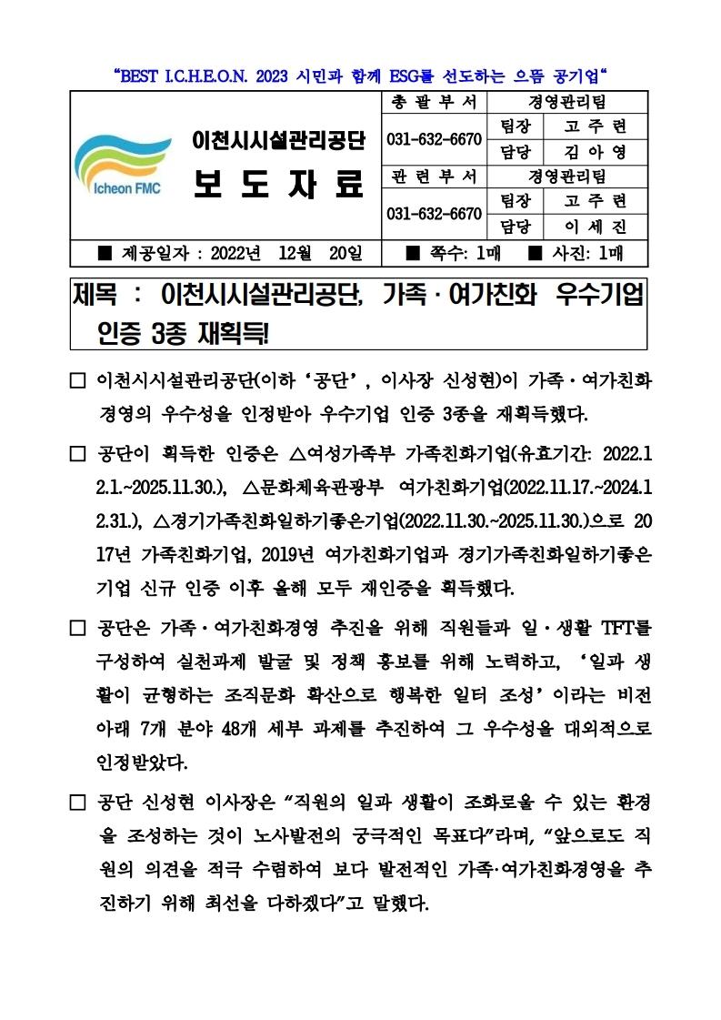 20221220 보도자료(공단, 가족여가친화 우수기업 인증 재획득!).pdf_page_1.jpg 이미지